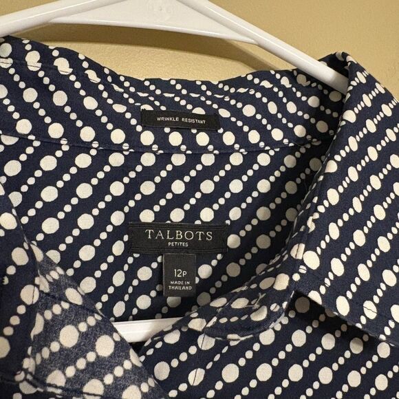 Talbots Navy White Button Up Cotton Blouse Polka Dot Wrinkle Resistant Petite 12 - Picture 3 of 11